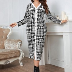 Plus Size  Houndstooth Button V-Neck Knit Dress