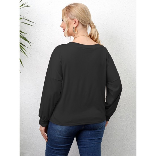 Plus Size Solid Twisted Boatneck Long Sleeve Tops