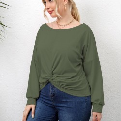 Plus Size Solid Twisted Boatneck Long Sleeve Tops