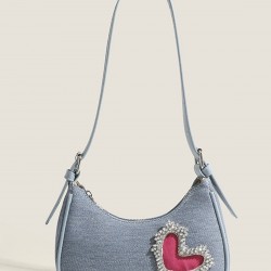 Denim Blue Heart Rhinestone Underarm Bag