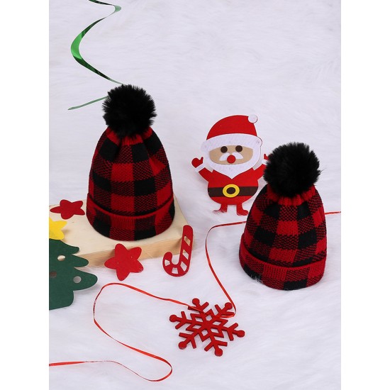 Red & Black Plaid Hairball Knitted Parent Hat