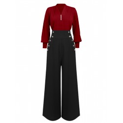  Solid Blouse & Suspender Pants