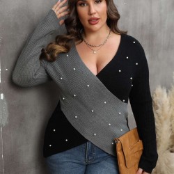 Plus Size  V-Neck Cross Sweater With Pearl