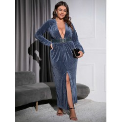 Plus Size Navy Blue Deep V-neck Waist Dress With Belt