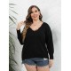 Plus Size Black V-Neck Lace Patchwork Knit Top