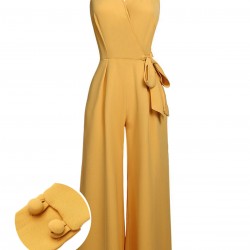 Yellow  Halter Lace-Up Jumpsuit