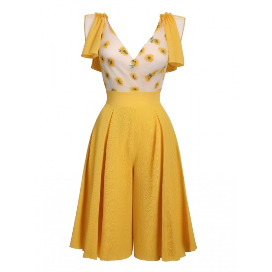 Yellow  V-Neck Sunflower Patchwork Jumpsuit