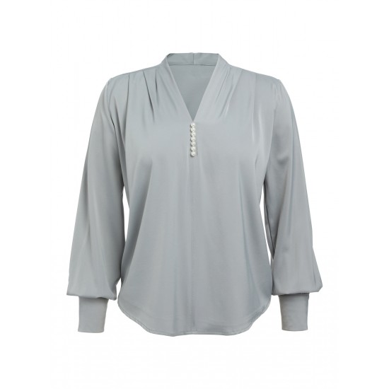   Solid V-neck Puff Sleeve Blouse