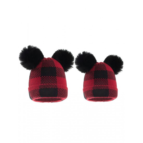 Red & Black Plaid Hairball Knitted Parent Hat