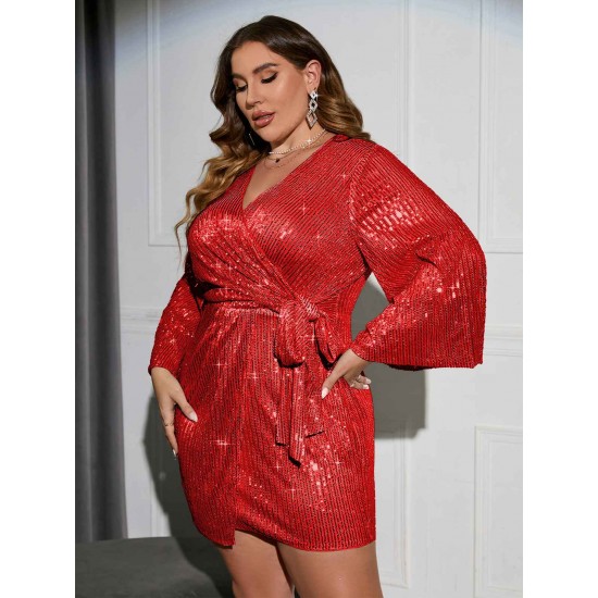 Plus Size  Sequined Flare Sleeve Solid Wrap Dress