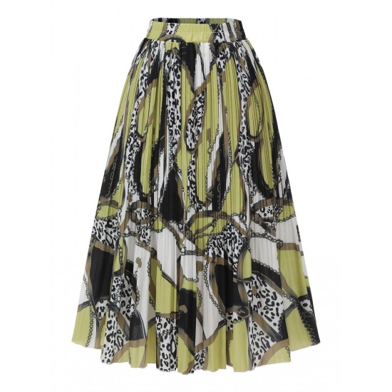 Green & Black  Patterned Pleated Midi Skirt