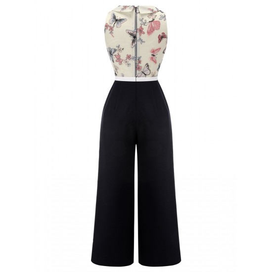 Black & White  Lapel Floral Butterfly Jumpsuit