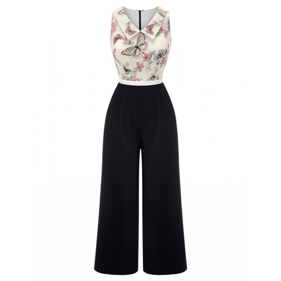 Black & White  Lapel Floral Butterfly Jumpsuit