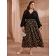 Plus Size Black  Feather Patchwork V-Neck Dress