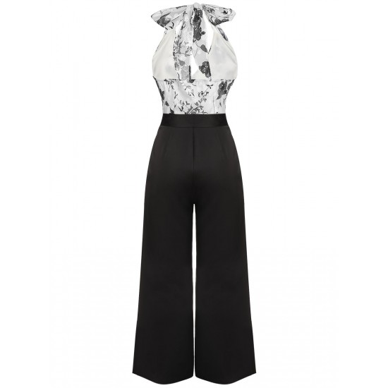 Black White  Floral Halter Strap Jumpsuit