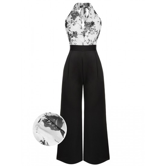 Black White  Floral Halter Strap Jumpsuit