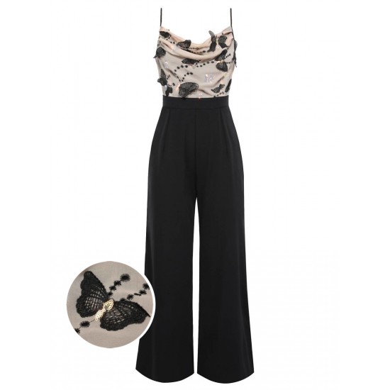 Black  Strap Butterfly Lace Patchwork Jumpsuit