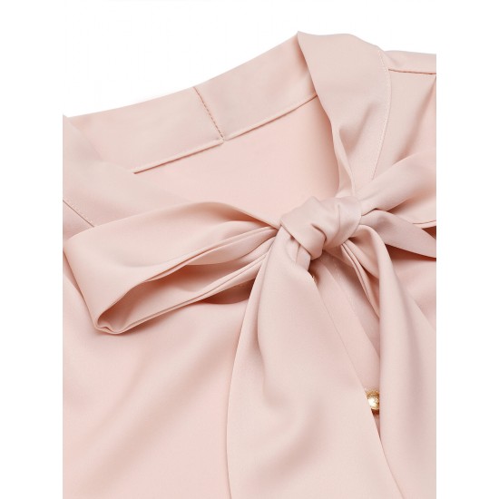 Pale Pink  Bowtie Collar Satin Tops