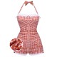 Checked  Halter Bowknot One-piece Swimsuit