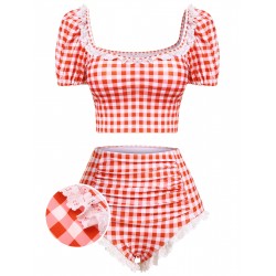 2PCS  Plaid Lace Patchwork Swimsuit