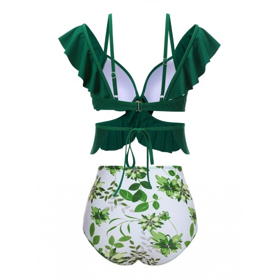 Green  Ruffles Floral Spaghetti Strap Swimsuit