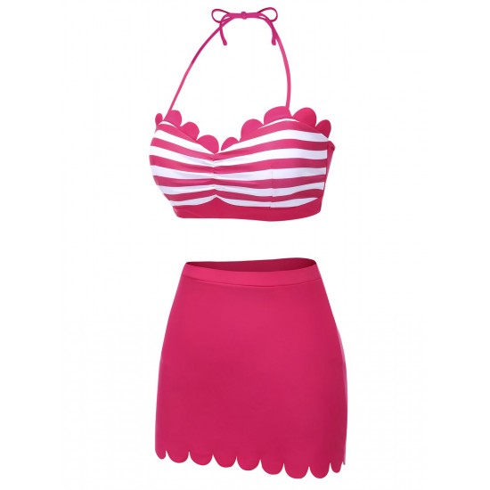 Rose Pink  Stripes Halter Bikini Set